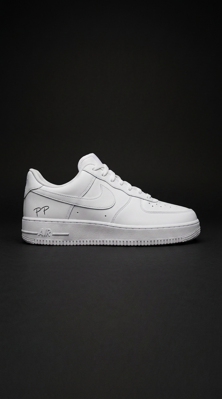 All-white Air Force 1 with a hand-drawn PP script on the heel panel against a deep charcoal backdrop