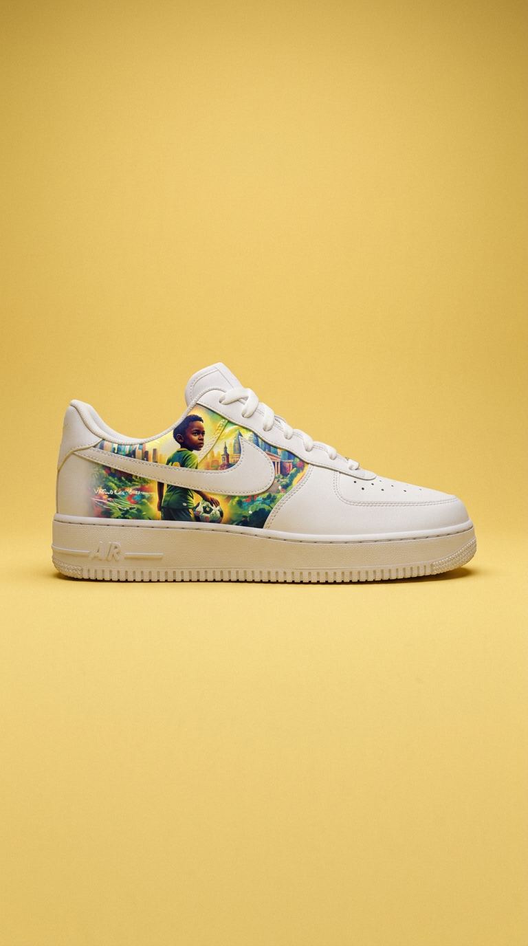 White Air Force 1 with a painted young footballer panel on a soft yellow backdrop