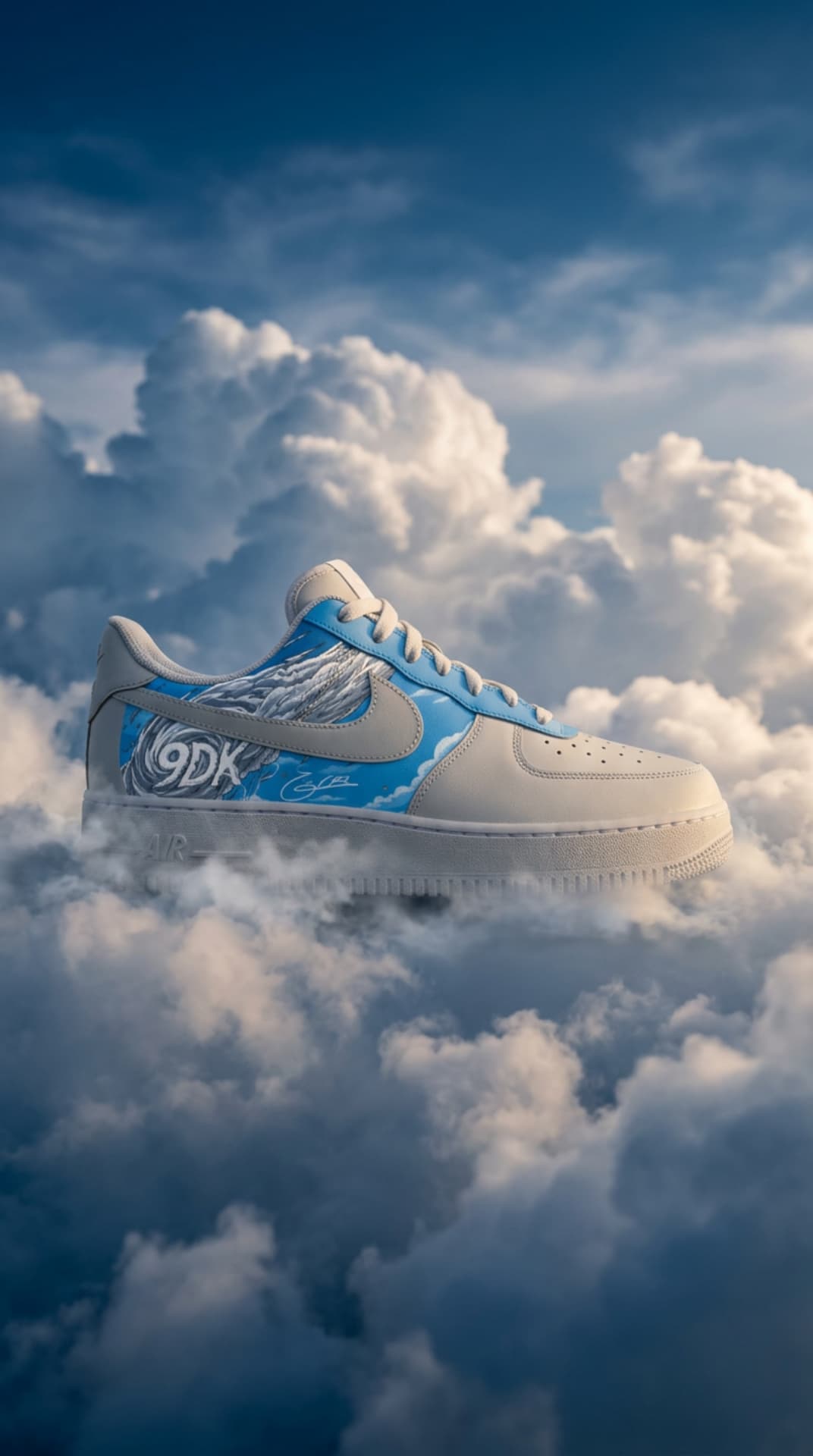 Bone and sky-blue Air Force 1 with a 9DK cloud panel floating among clouds