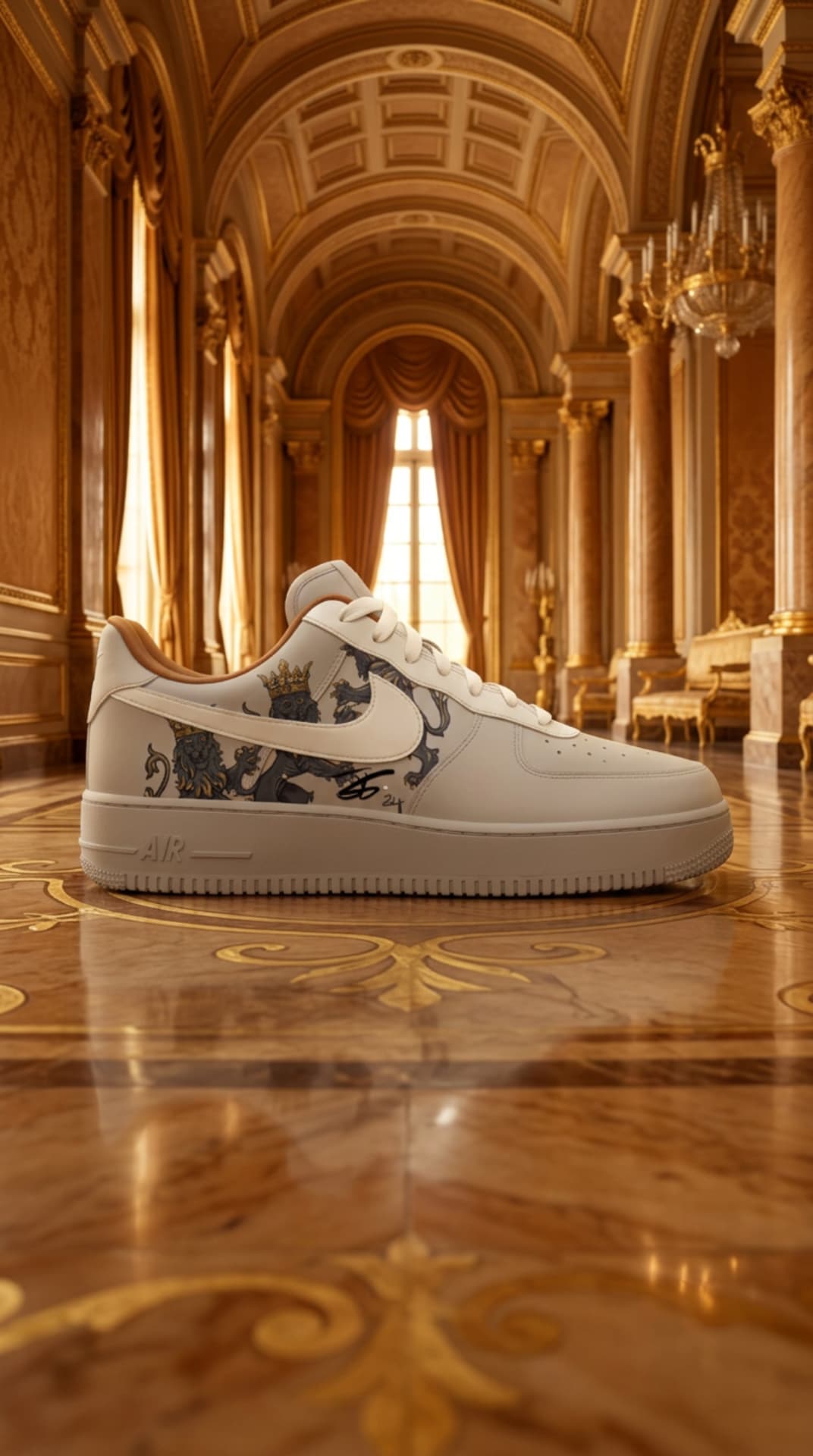 Cream Air Force 1 with a crowned heraldic lion panel and signature, on the polished marble floor of a gilded palace hall