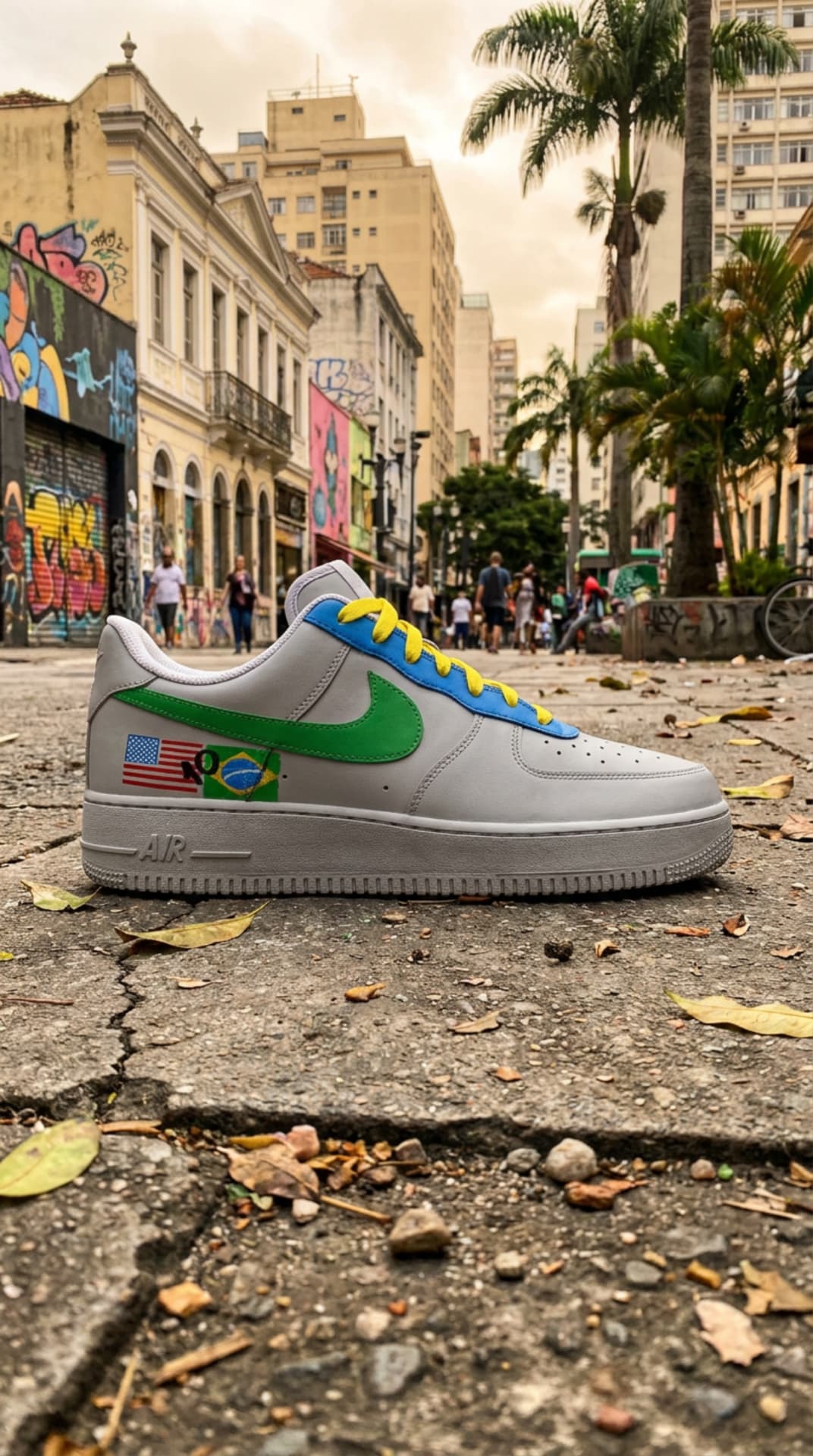 Custom Air Force 1 with green swoosh, blue panel and yellow laces on a graffiti-lined São Paulo street