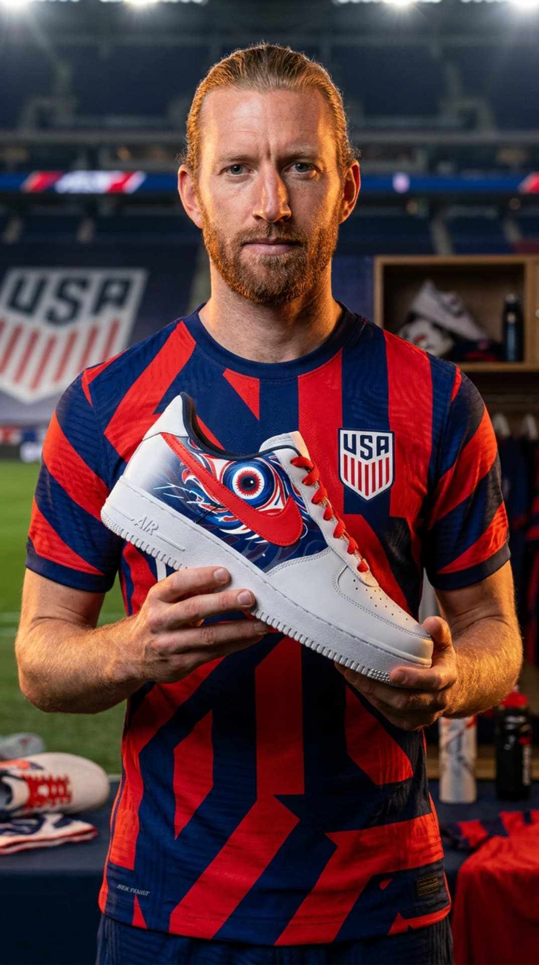 Tim Ream in a red and navy USA jersey holding his custom Air Force 1 pitchside