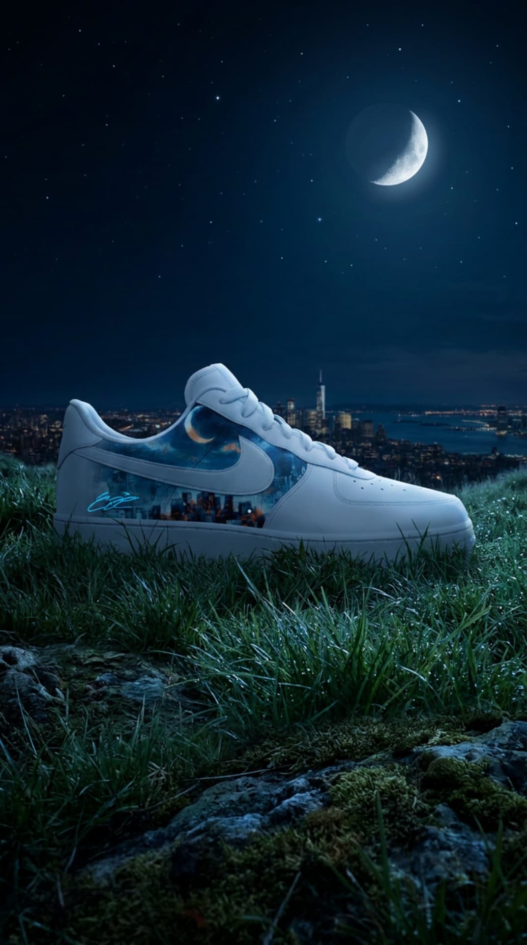 White Air Force 1 with a moonlit city skyline panel resting in dewy grass above a night skyline