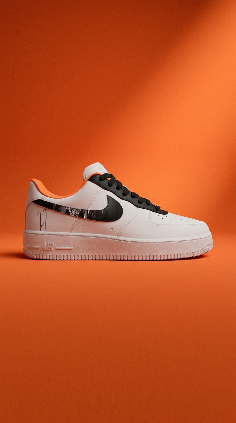 White Air Force 1 with a black swoosh, marbled panel and signature on an orange backdrop