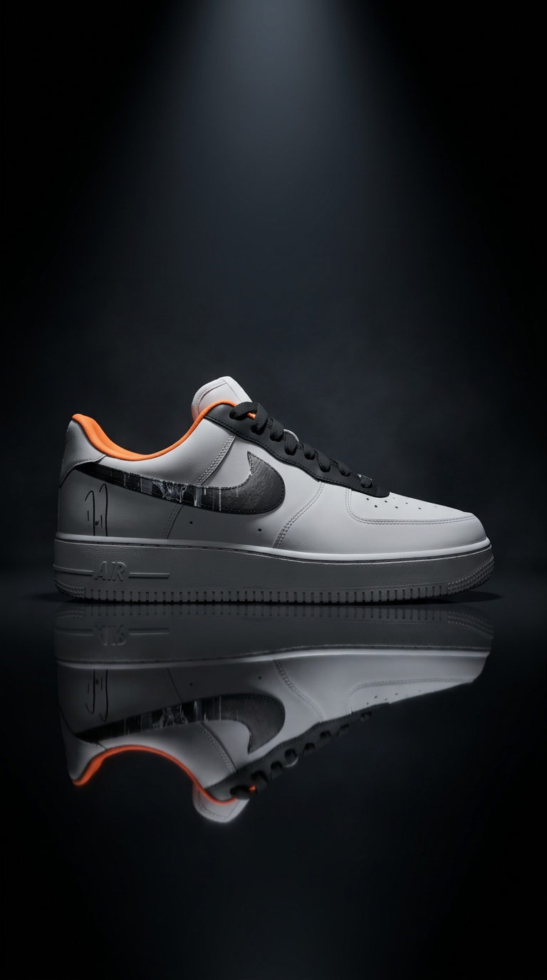Grey Air Force 1 with a black swoosh on a mirrored black floor under a spotlight