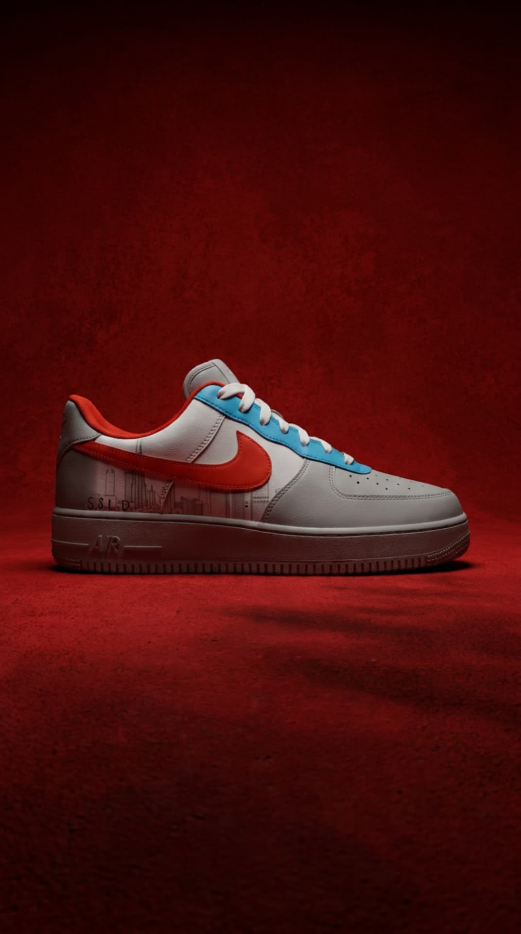 Grey and white Air Force 1 with a red swoosh and skyline panel on a textured crimson surface