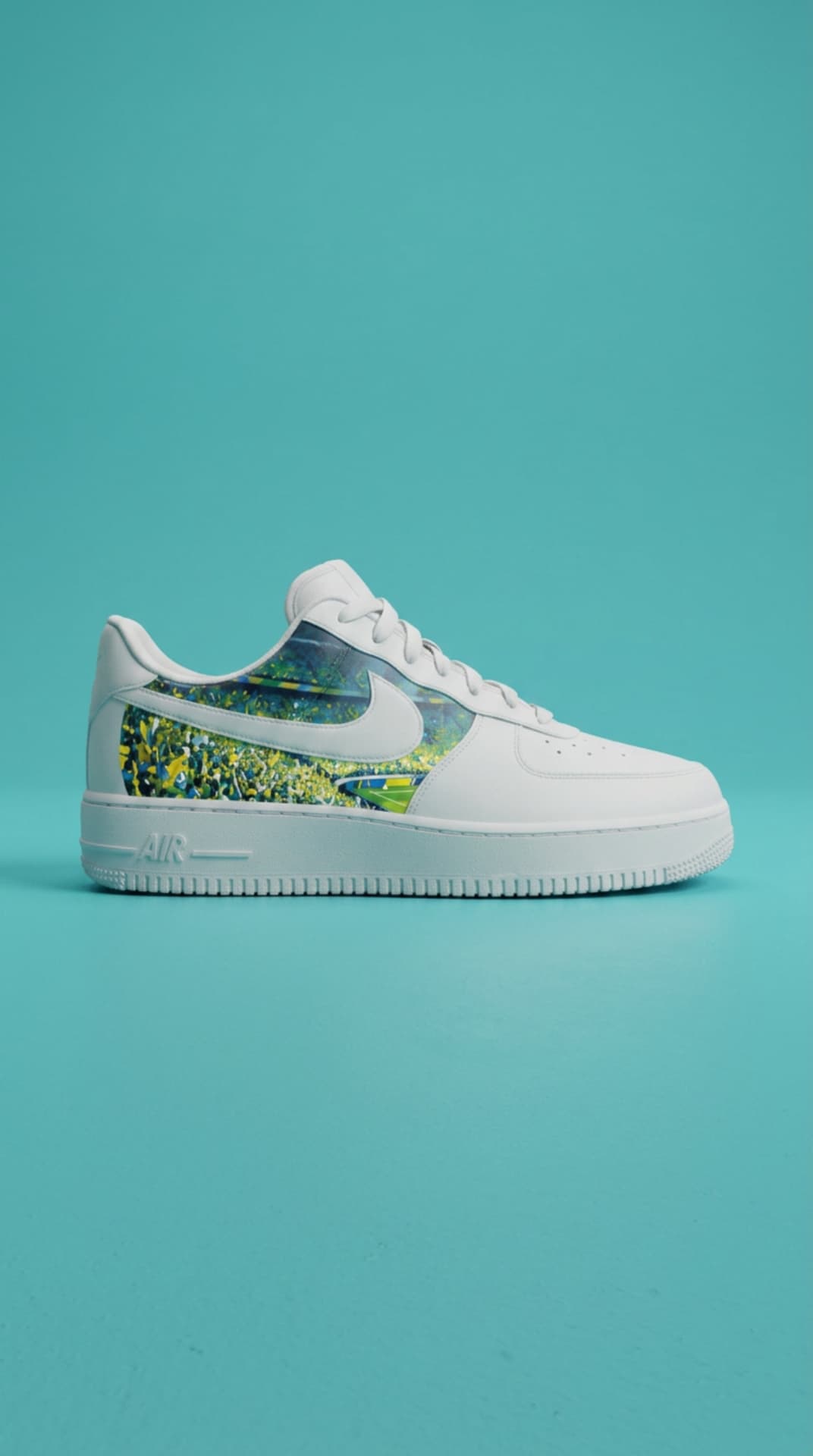 White Air Force 1 with a Brazil crowd-print side panel against a solid turquoise backdrop