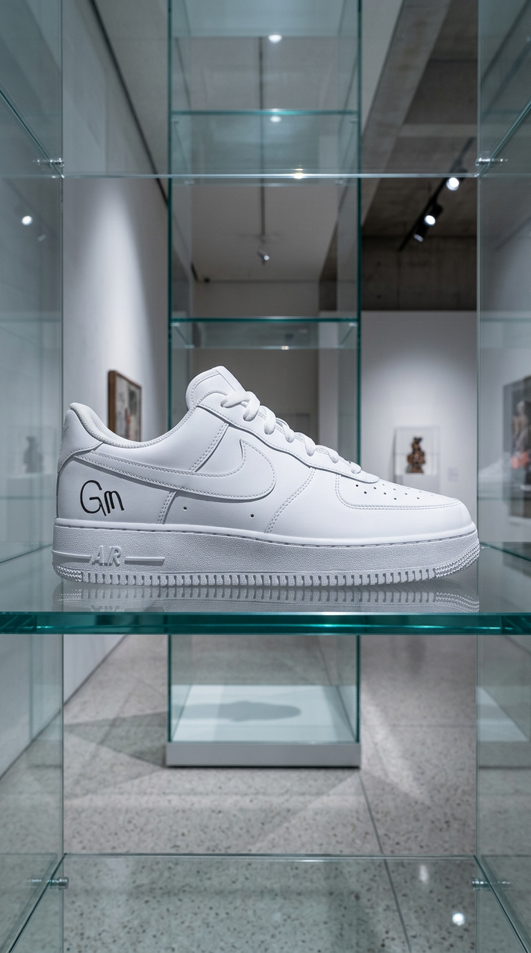 All-white Air Force 1 with a GM mark on a glass gallery shelf inside a modern museum