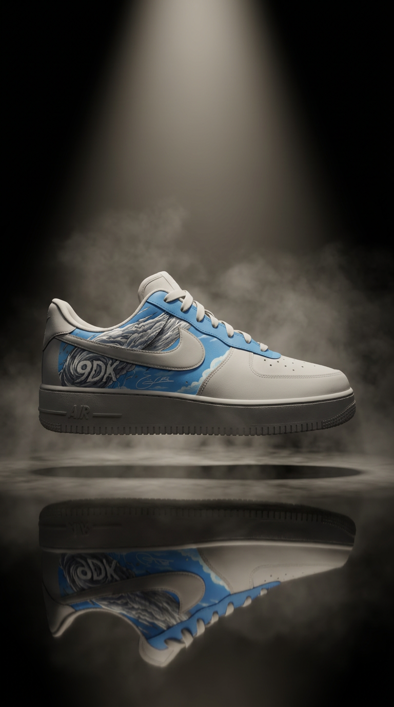 Bone Air Force 1 with a 9DK cloud panel spotlit in smoke above a mirrored floor