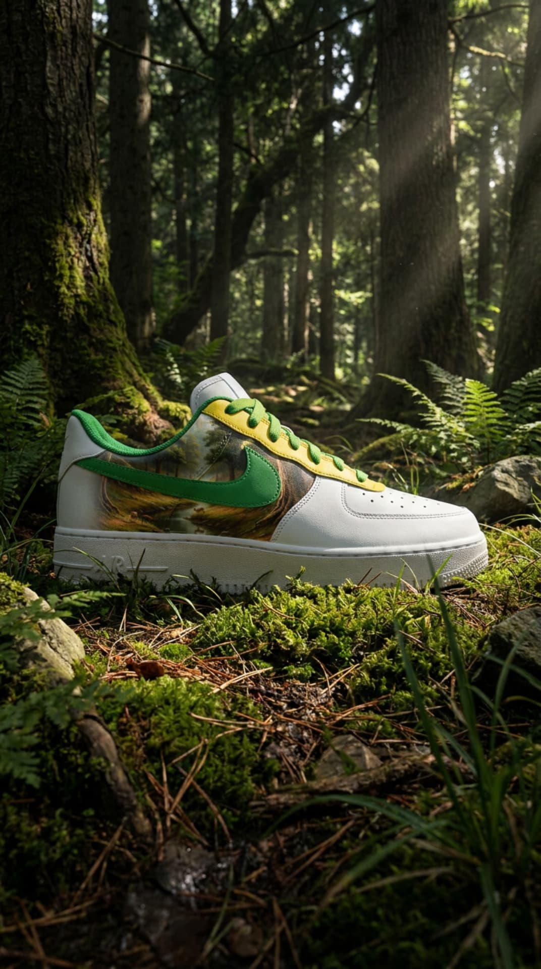 The JB Air Force 1 resting on moss in a sunlit forest
