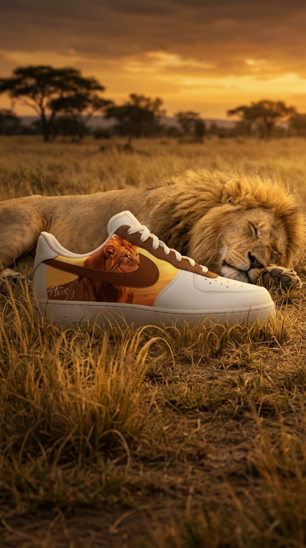 Cream and brown Air Force 1 with a lion panel resting in savanna grass beside a sleeping lion