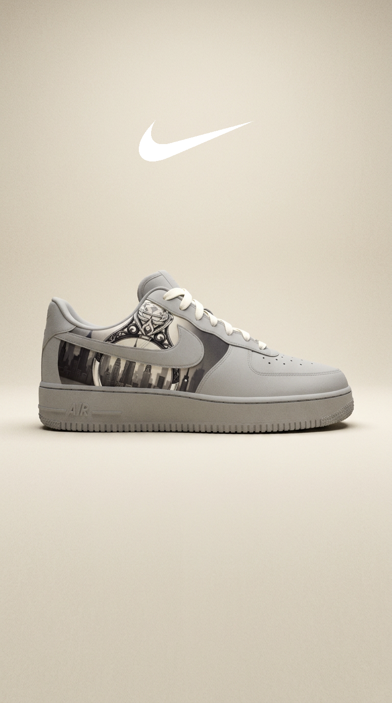 Grey Air Force 1 with ring and skyline panel on a warm sand backdrop beneath a white Nike swoosh
