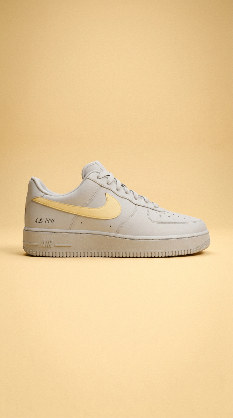 Bone Air Force 1 with a pale yellow swoosh and AB 1991 signature on a warm sand backdrop