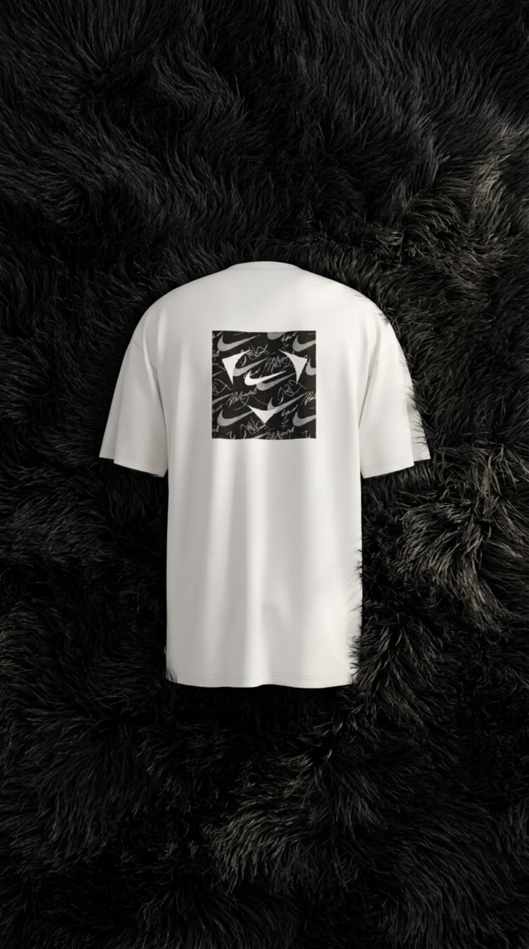 White tee with a black signature-print Swoosh box graphic
