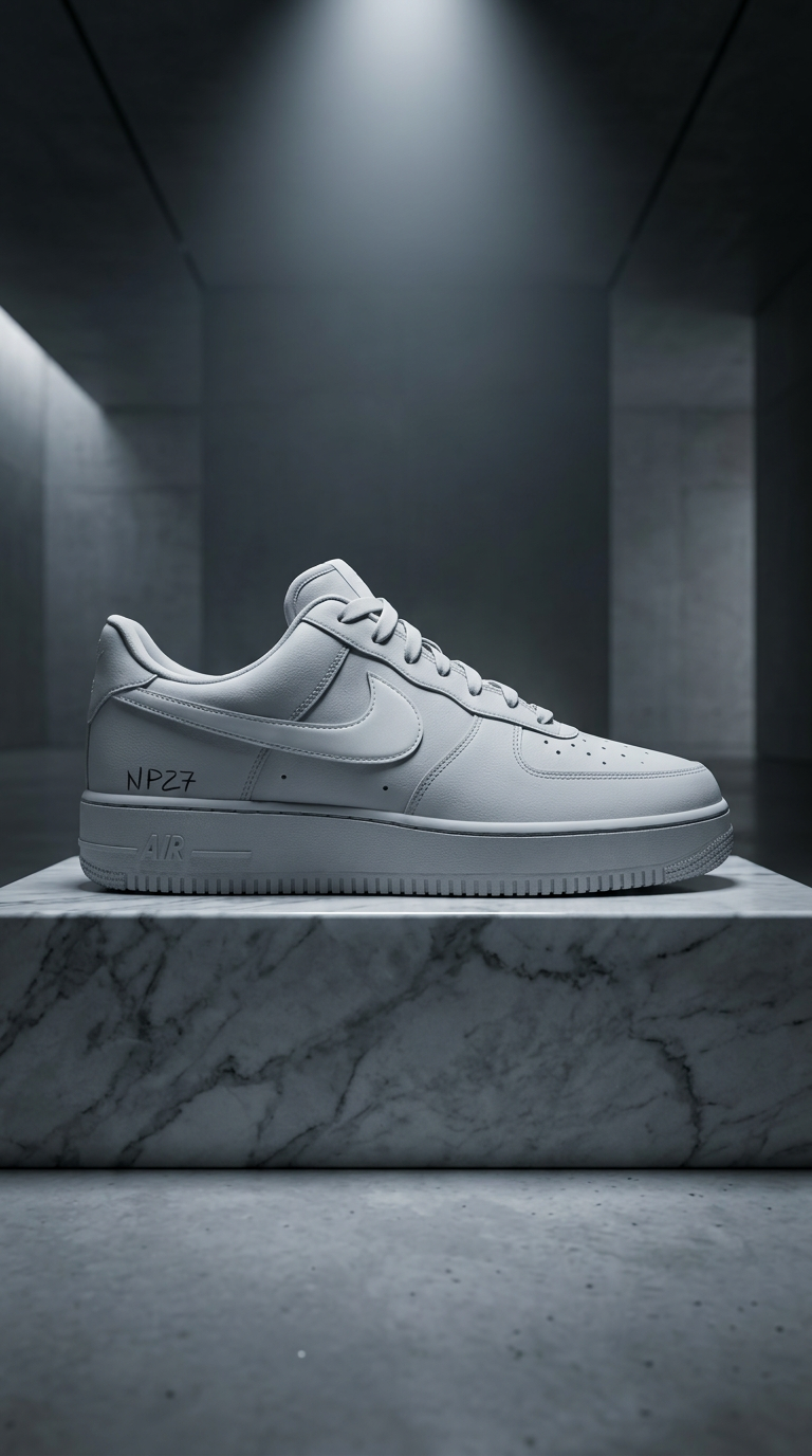 White Air Force 1 with NP27 script on the midsole displayed on a marble plinth in a concrete room