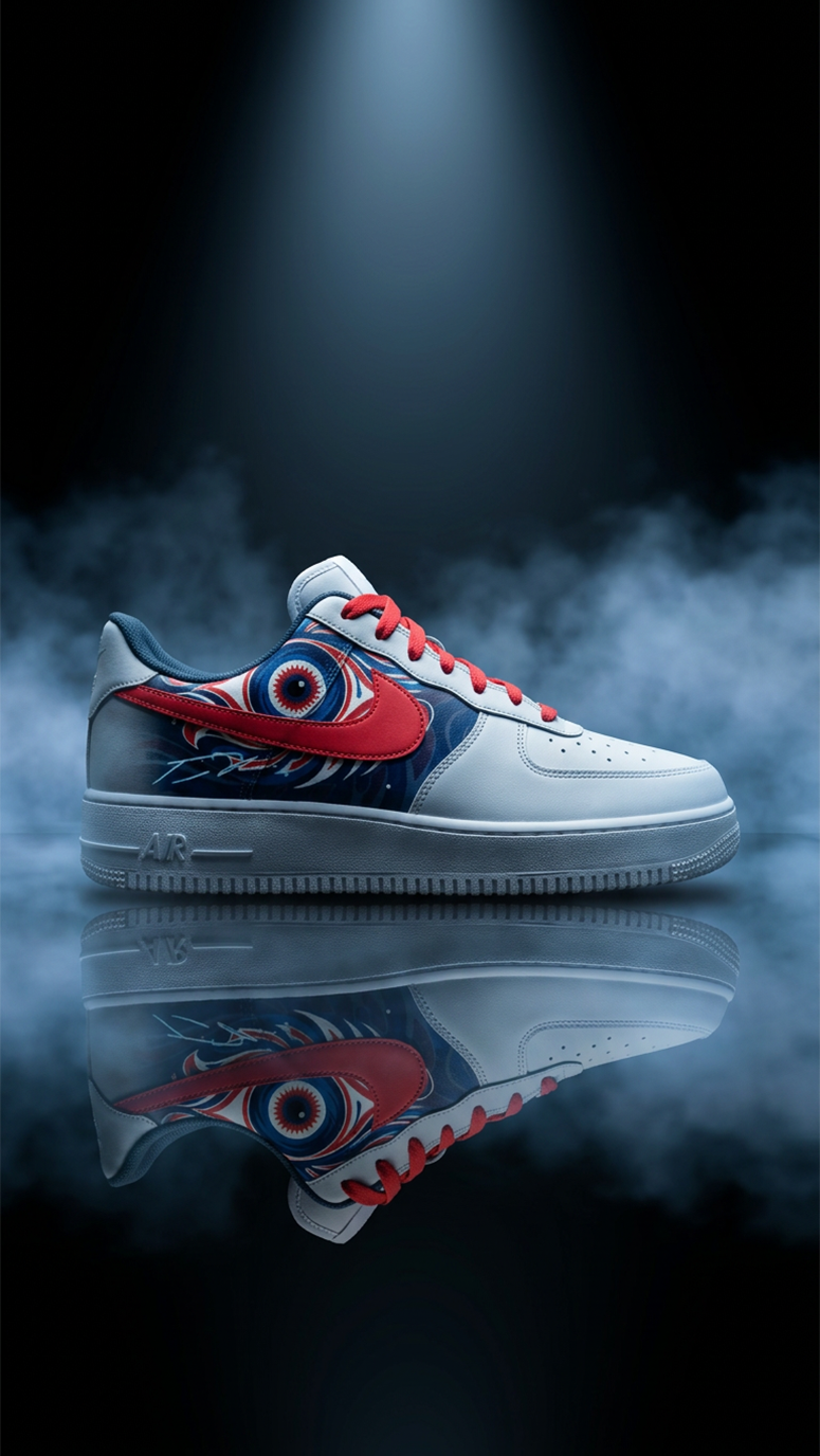 White custom Air Force 1 with red swoosh and blue eye graphic under a spotlight