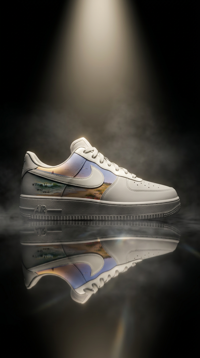 Grey and white Air Force 1 with a hand-painted beach sunset panel spotlit above a mirrored floor in a dark studio