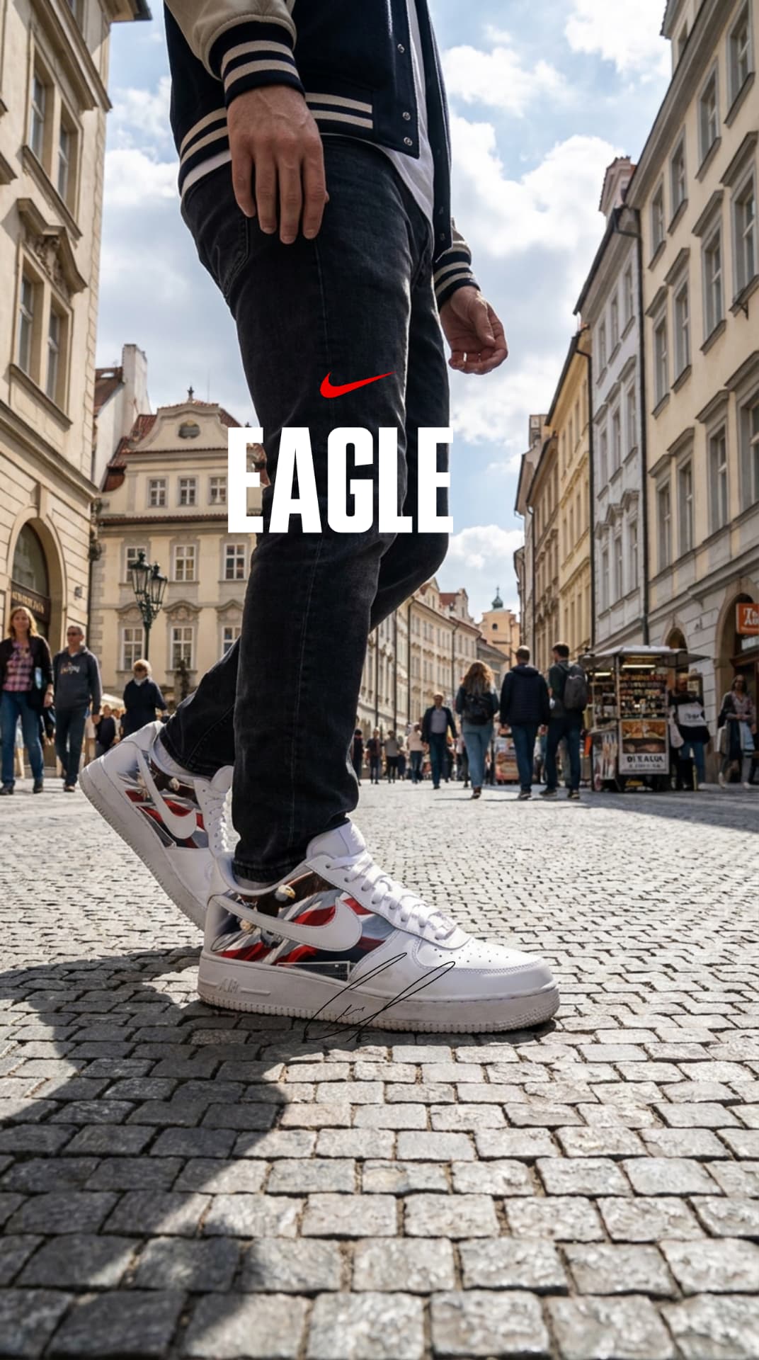 The Eagle Air Force 1s worn on cobblestones in a European city square