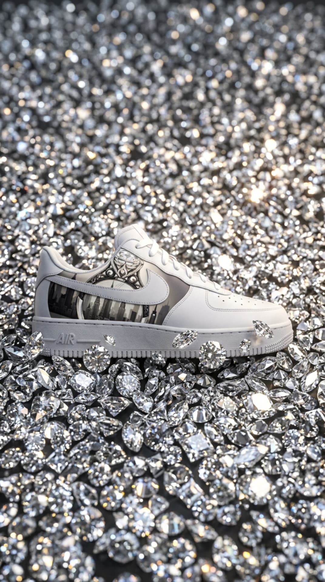 White and grey Air Force 1 with an engagement ring and city skyline panel, resting on a bed of loose diamonds