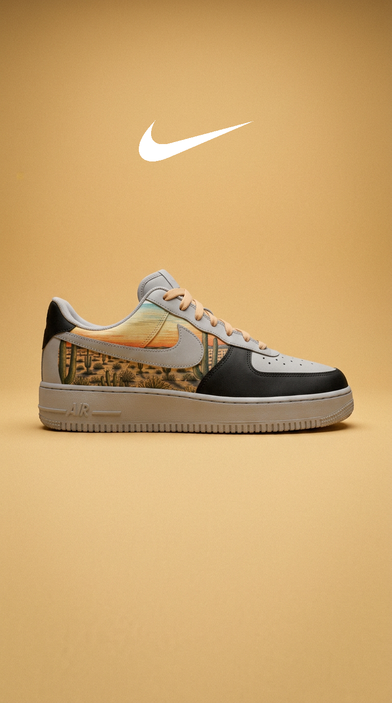 Bone and black Air Force 1 with desert sunset panel on a golden backdrop below a white Nike swoosh