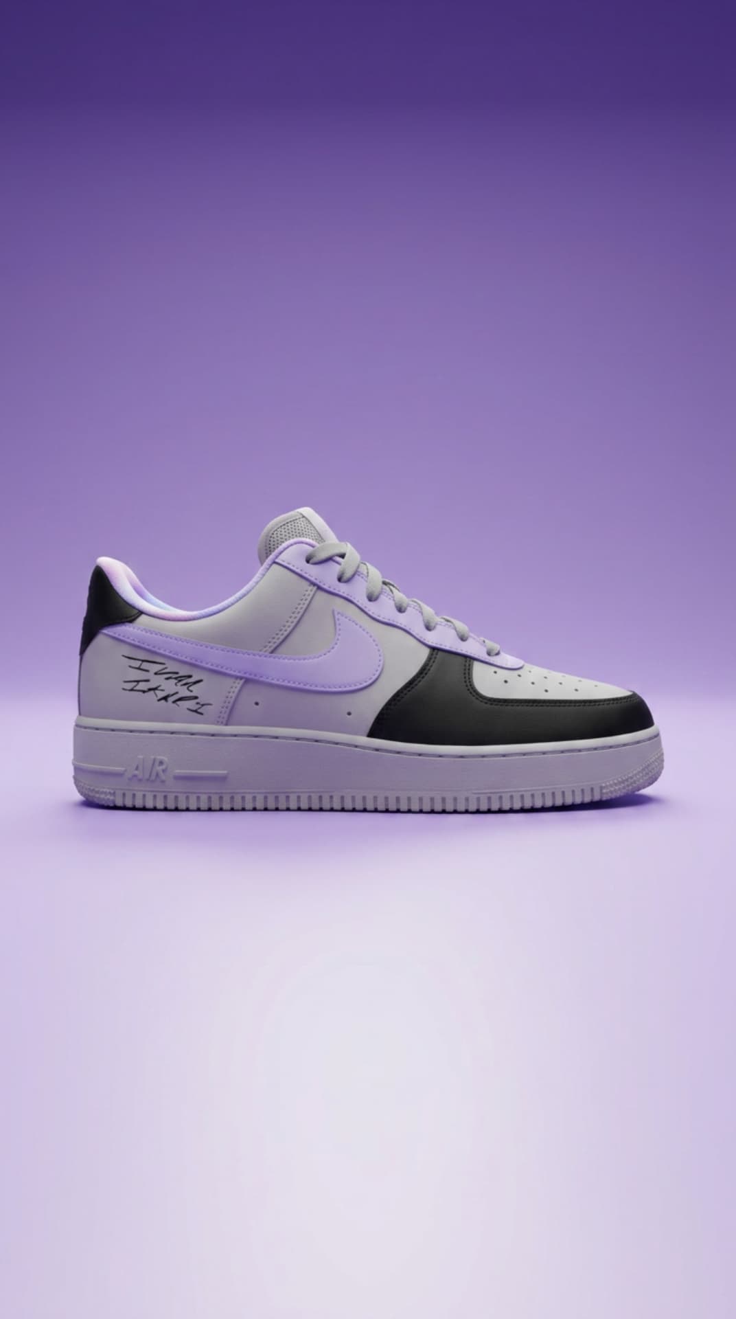 Grey and black Air Force 1 with a lavender swoosh and handwritten signature on a purple gradient backdrop