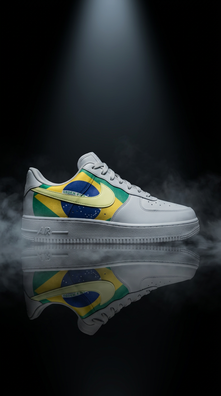 White Air Force 1 with a Brazil flag panel spotlit in fog above a mirrored floor