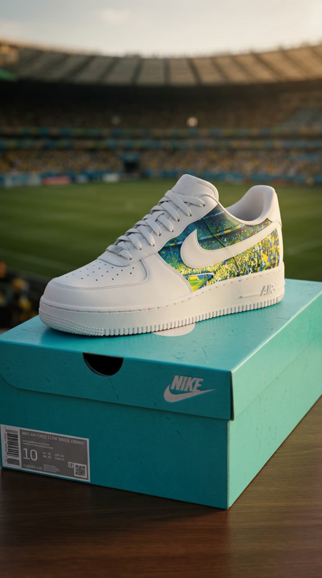 White Air Force 1 with a Brazil crowd-print panel resting on a teal Nike box inside a stadium