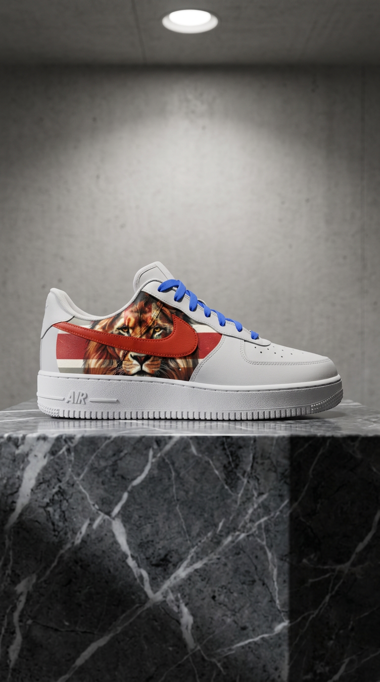 White Air Force 1 with a lion panel and red swoosh spotlit on a black marble plinth