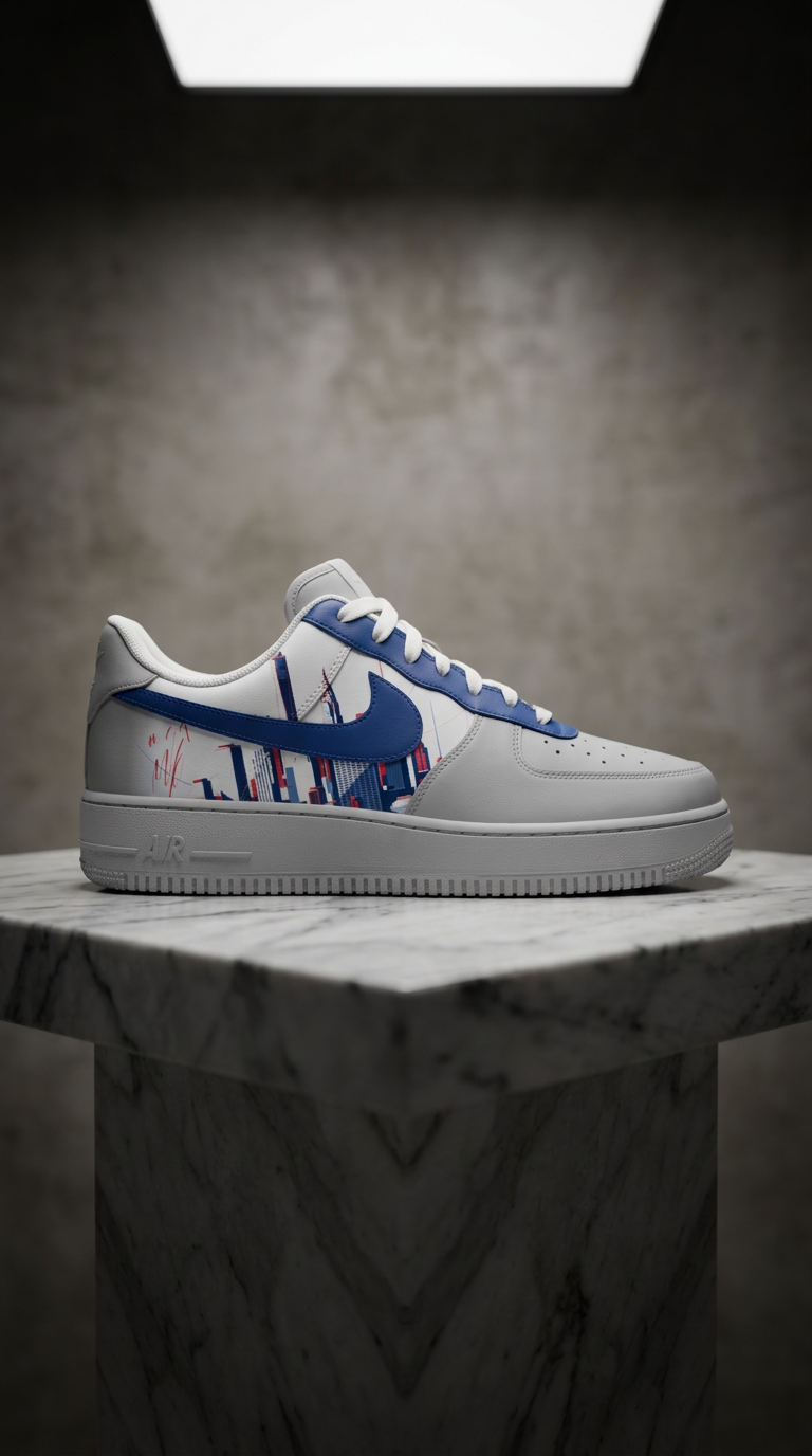 The Matt F Air Force 1 spotlit on a marble plinth in a concrete studio