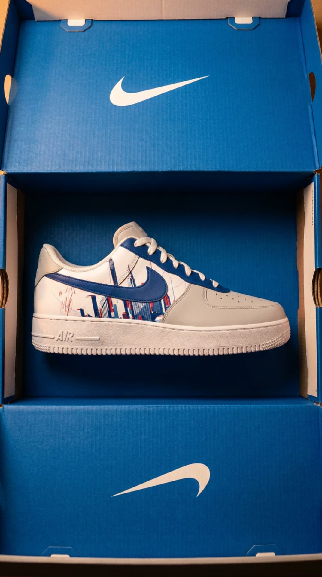 The Matt F Air Force 1 resting inside an open blue Nike box