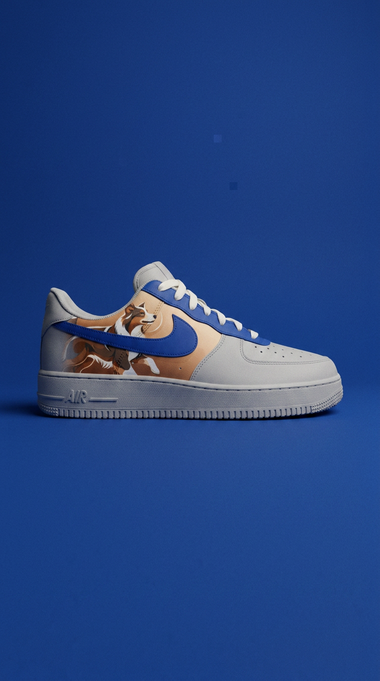 Grey Air Force 1 with a royal blue swoosh and airbrushed dog portrait panel on a royal blue backdrop