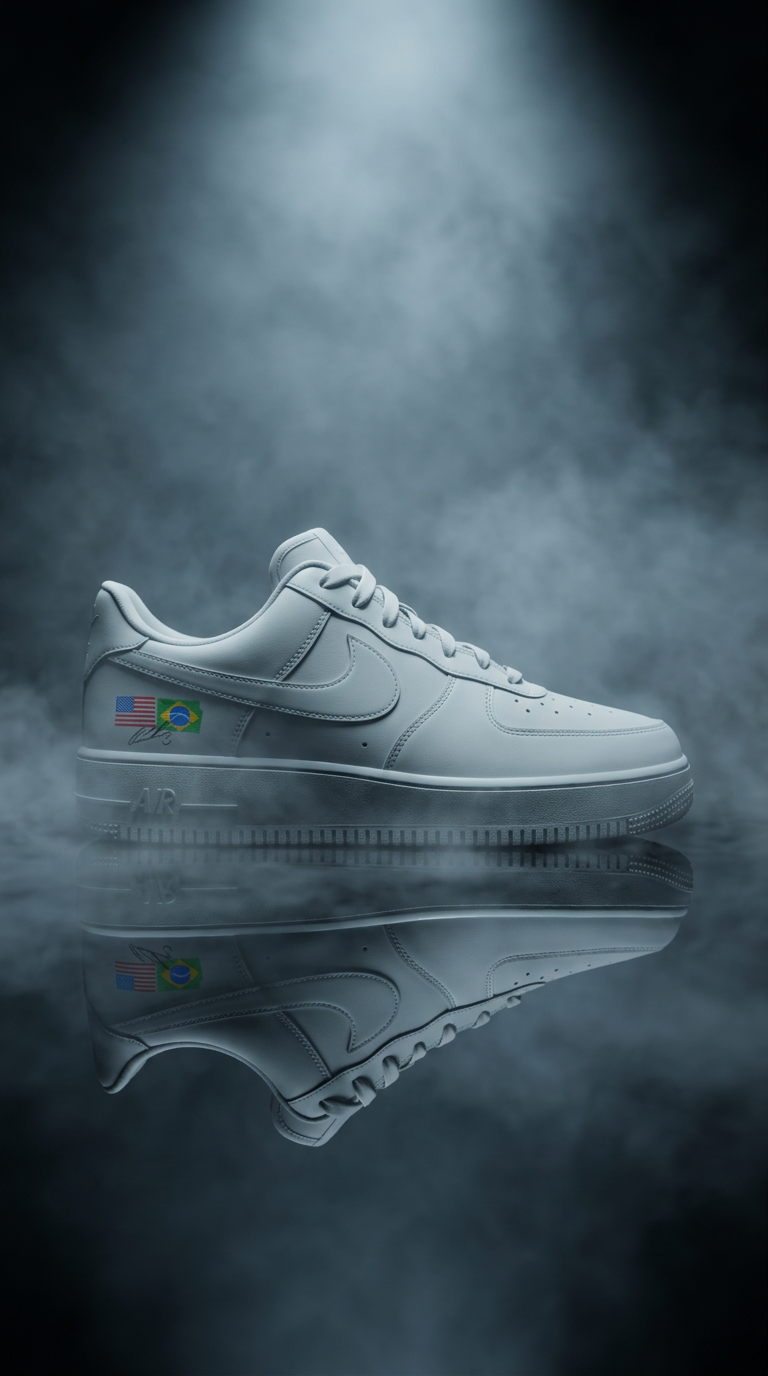 All-white Air Force 1 with USA and Brazil flag decals floating in mist above a mirrored floor