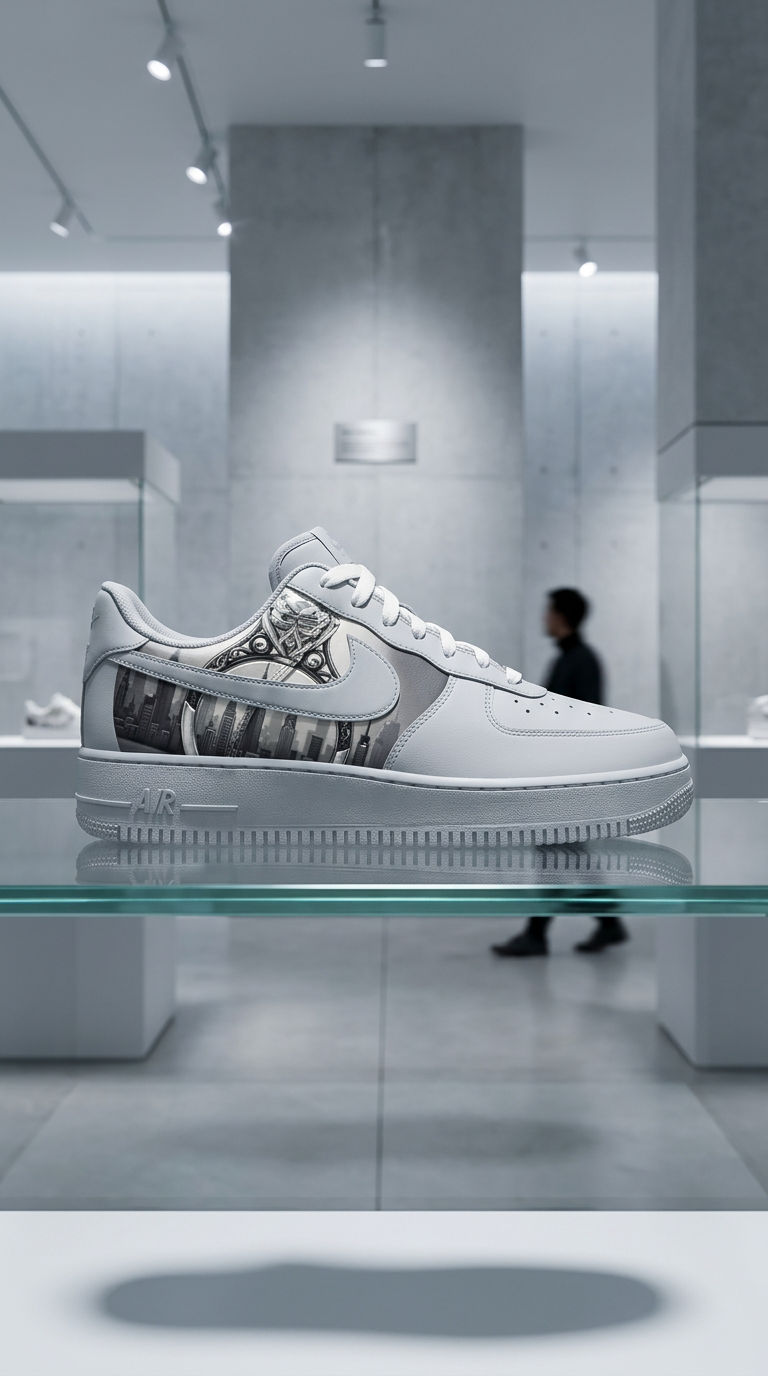 The Engaged Air Force 1 displayed on a glass museum plinth in a concrete gallery
