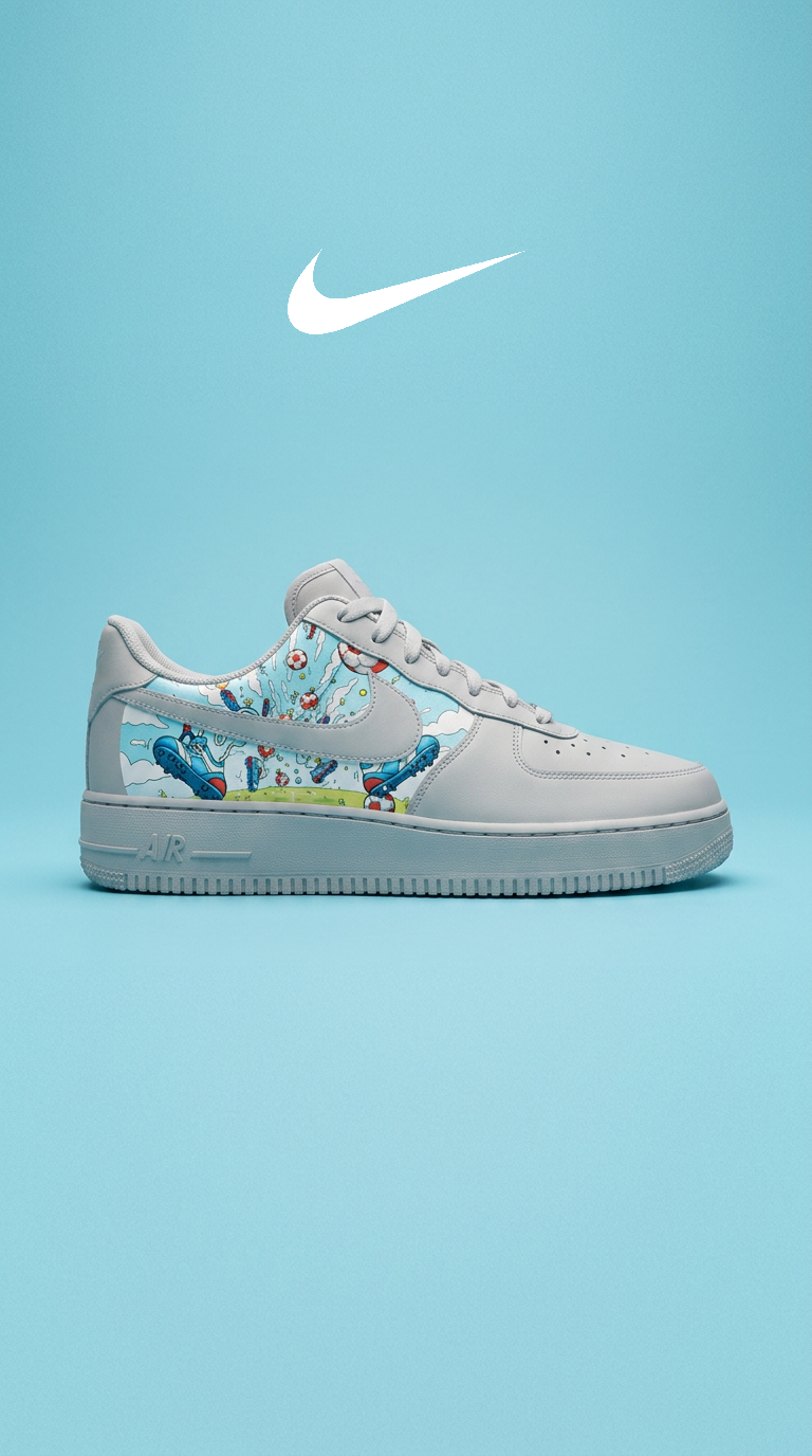 Grey Air Force 1 with a cartoon football panel on a light blue backdrop beneath a white Nike swoosh