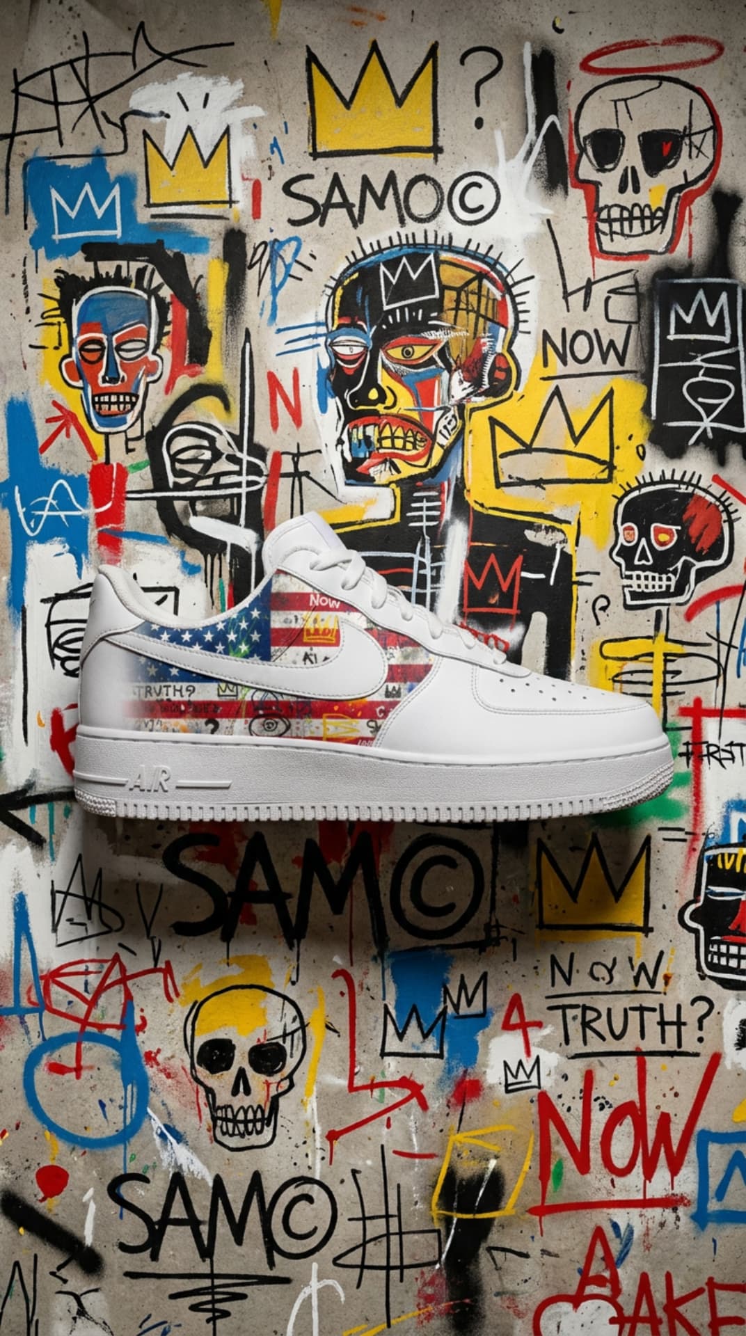 White Air Force 1 with a graffiti-art American flag panel in front of a crown and skull graffiti mural