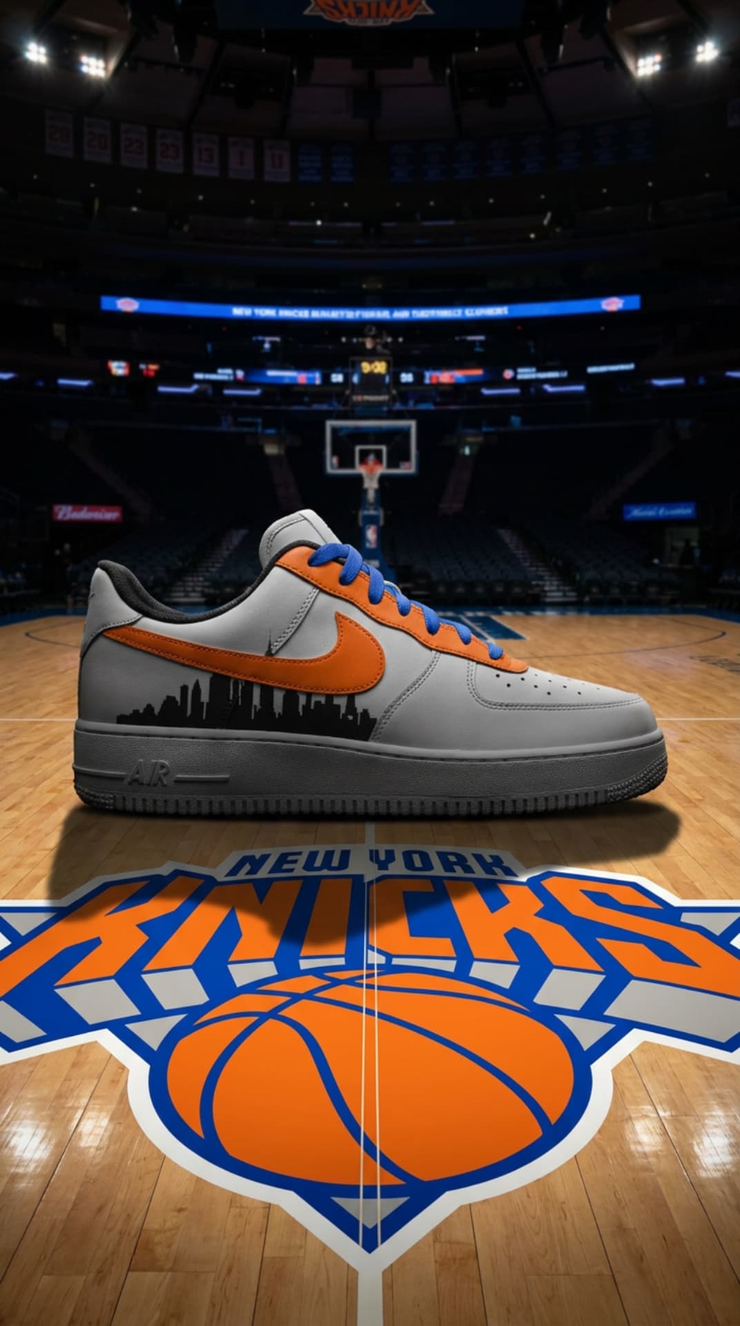 Grey Air Force 1 with an orange swoosh and skyline panel standing on a basketball court under arena lights