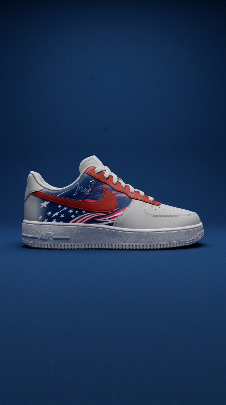 White Air Force 1 with a stars and stripes panel and red swoosh on a deep blue backdrop