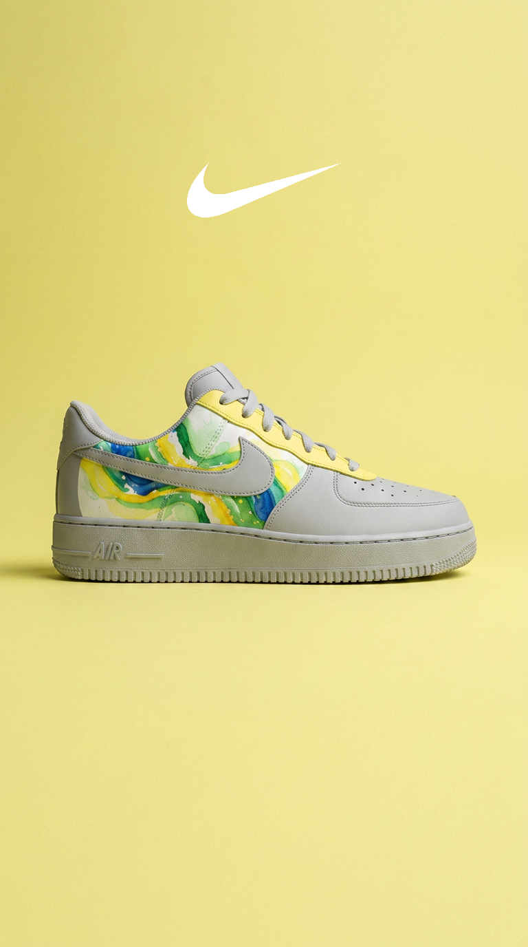 Grey Air Force 1 with watercolor panel and yellow accents on a soft yellow backdrop below a white Nike swoosh