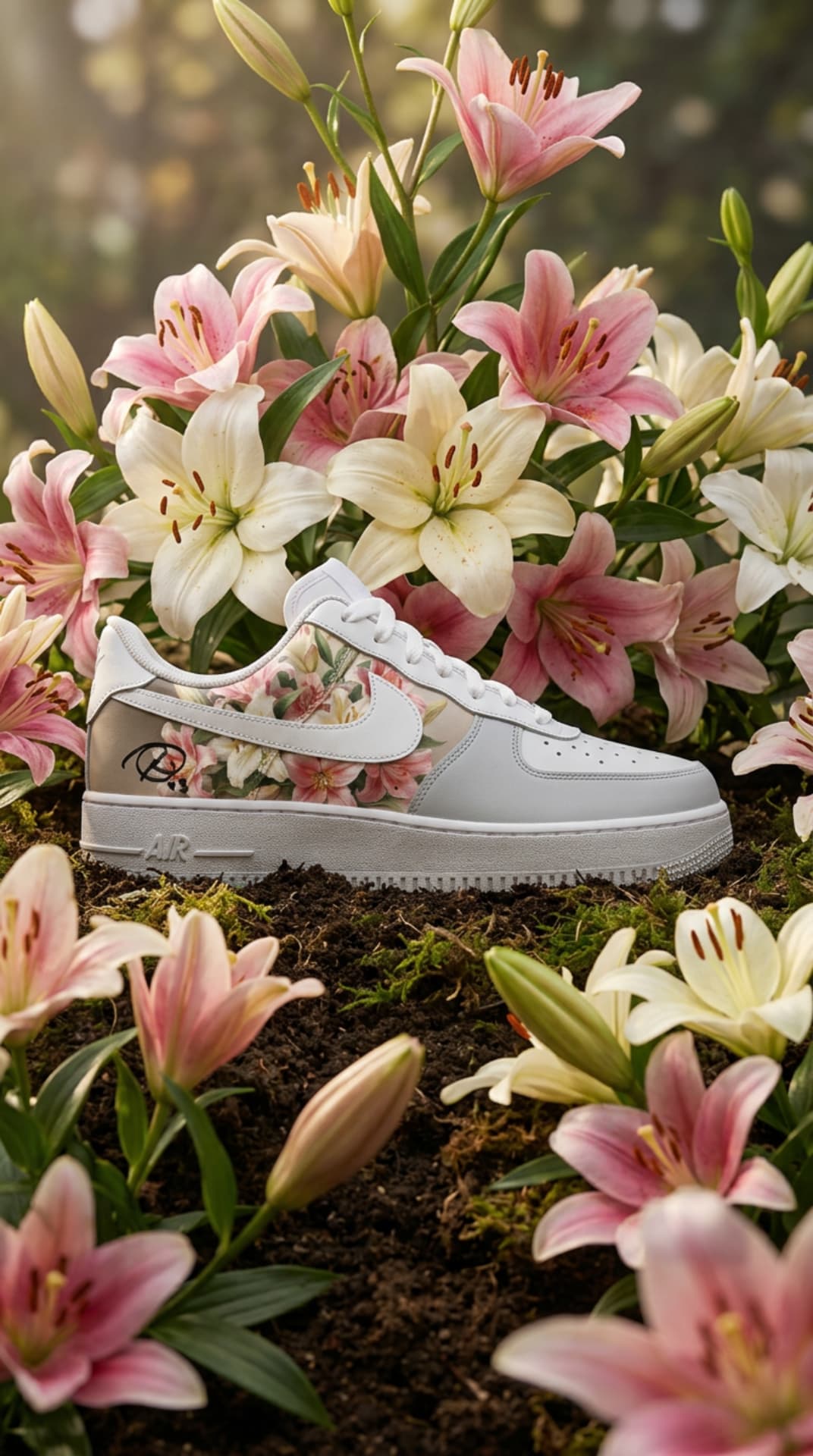 White Air Force 1 with a pink and cream lily floral panel, set in a bed of blooming lilies