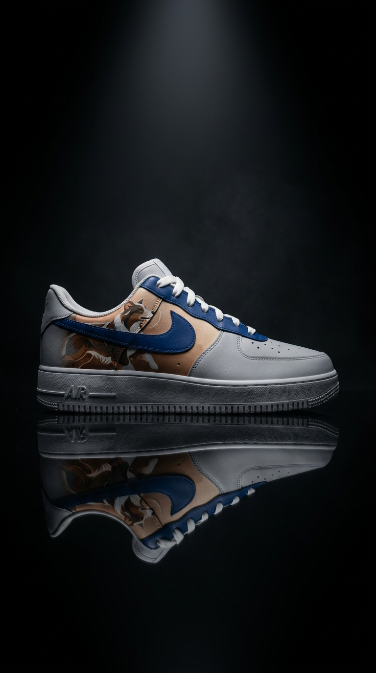 Grey Air Force 1 with a royal blue swoosh on a mirrored black floor under a soft spotlight