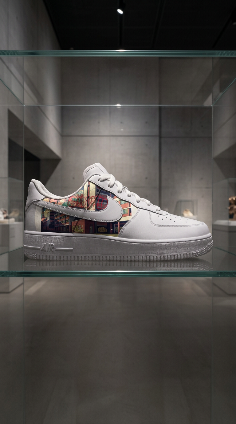 White Air Force 1 with a graffiti street print panel displayed in a lit glass museum case