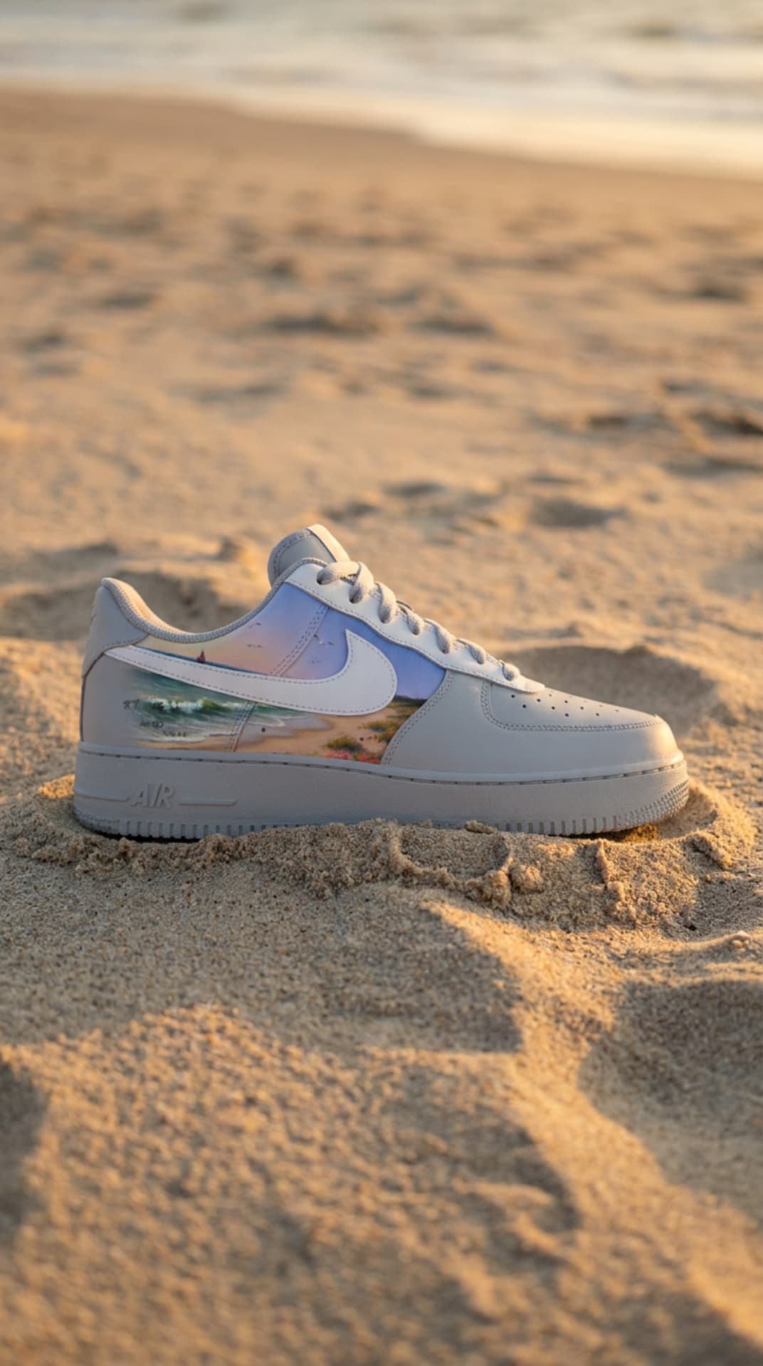 Grey and white Air Force 1 with a hand-painted beach sunset panel resting in golden-hour beach sand near the surf