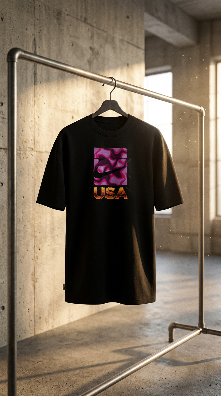 Black USA tee with a magenta swirl Swoosh box graphic, hanging in an industrial loft
