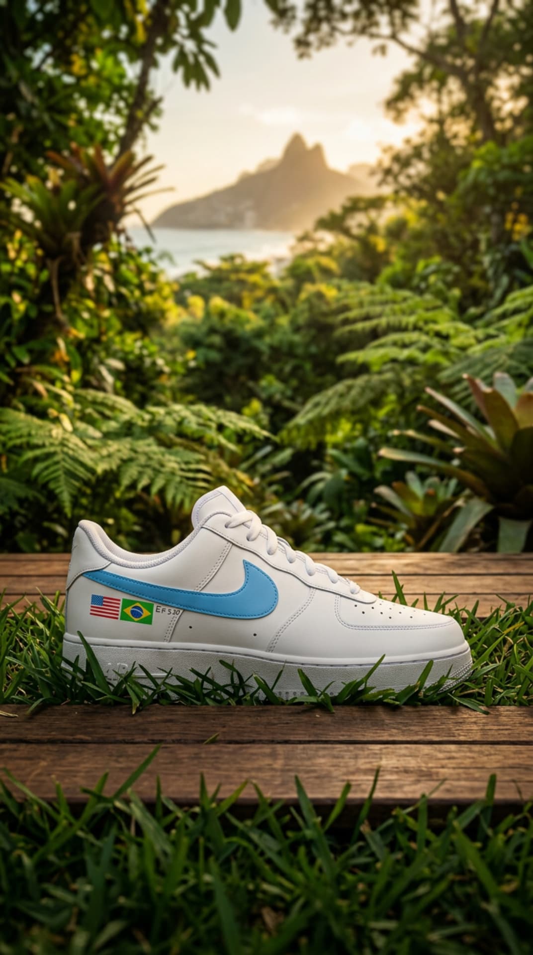 White Air Force 1 with a sky blue swoosh on a wooden bench with Rio hills and tropical foliage behind