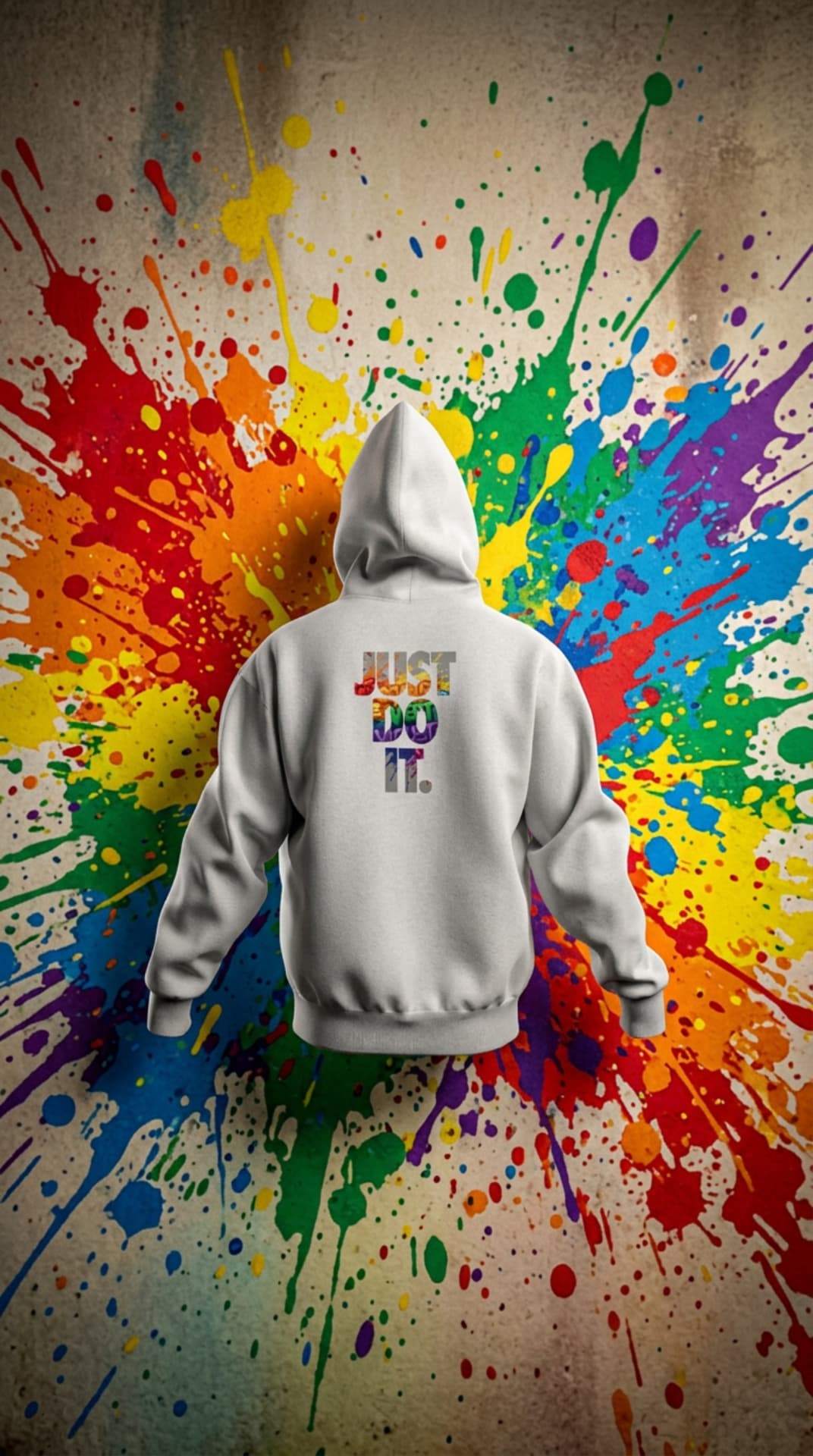 White hoodie with a paint-splatter Just Do It graphic