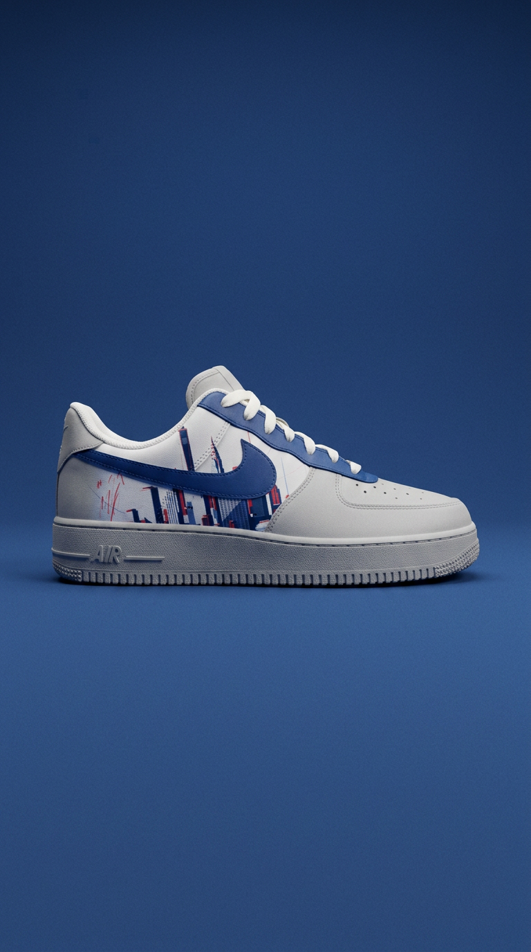 White Air Force 1 with navy swoosh and city skyline panel on a deep blue backdrop