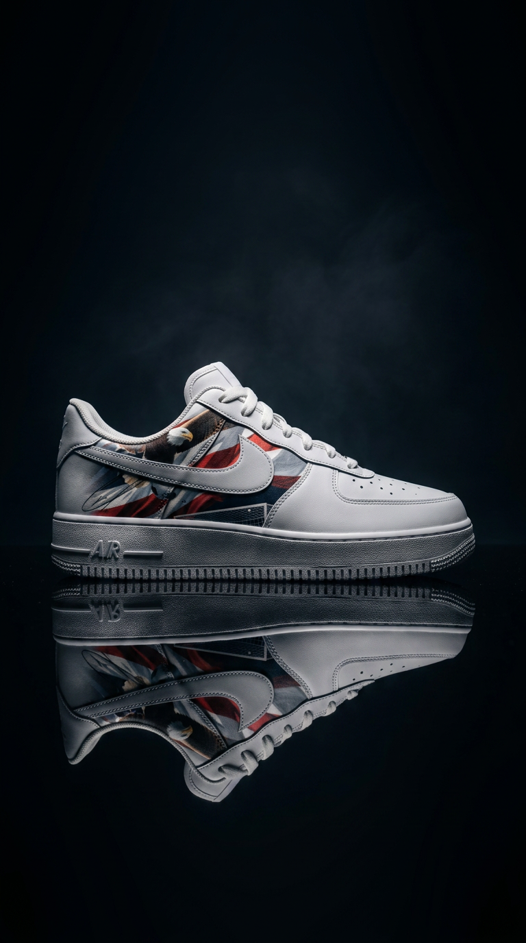 White custom Air Force 1 with eagle and American flag side panel, mirrored on a black surface