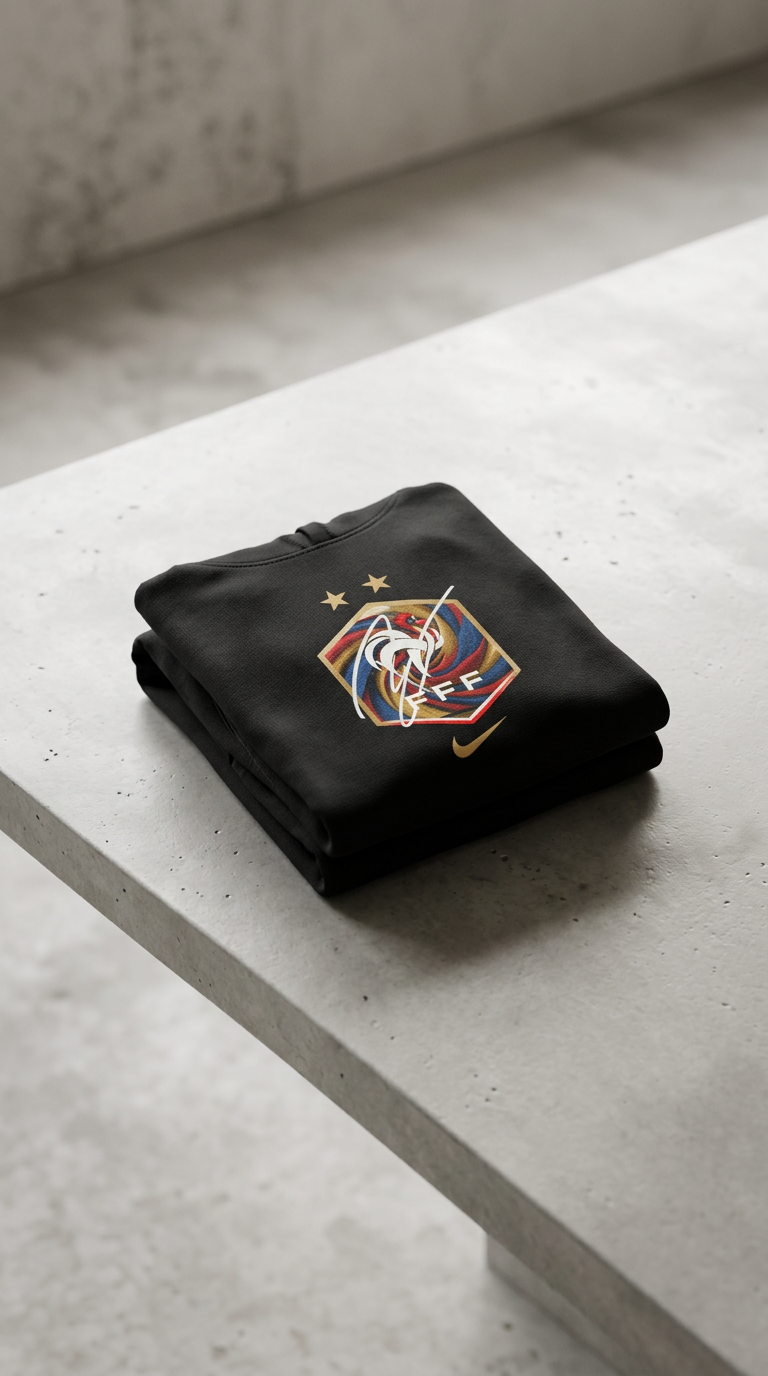 Folded black FFF crest hoodie on a concrete bench