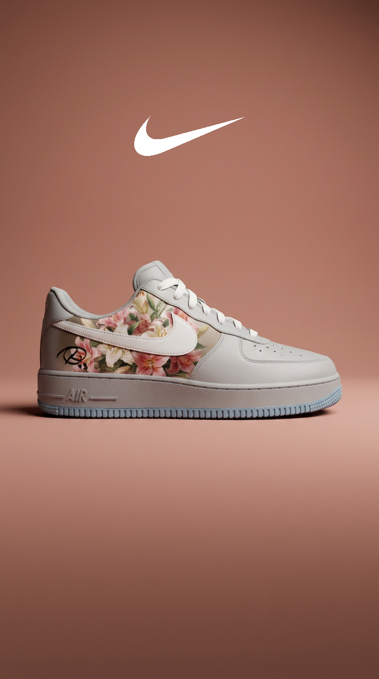 Cream Air Force 1 with a lily floral panel and icy blue sole on a warm terracotta backdrop beneath a white Nike swoosh