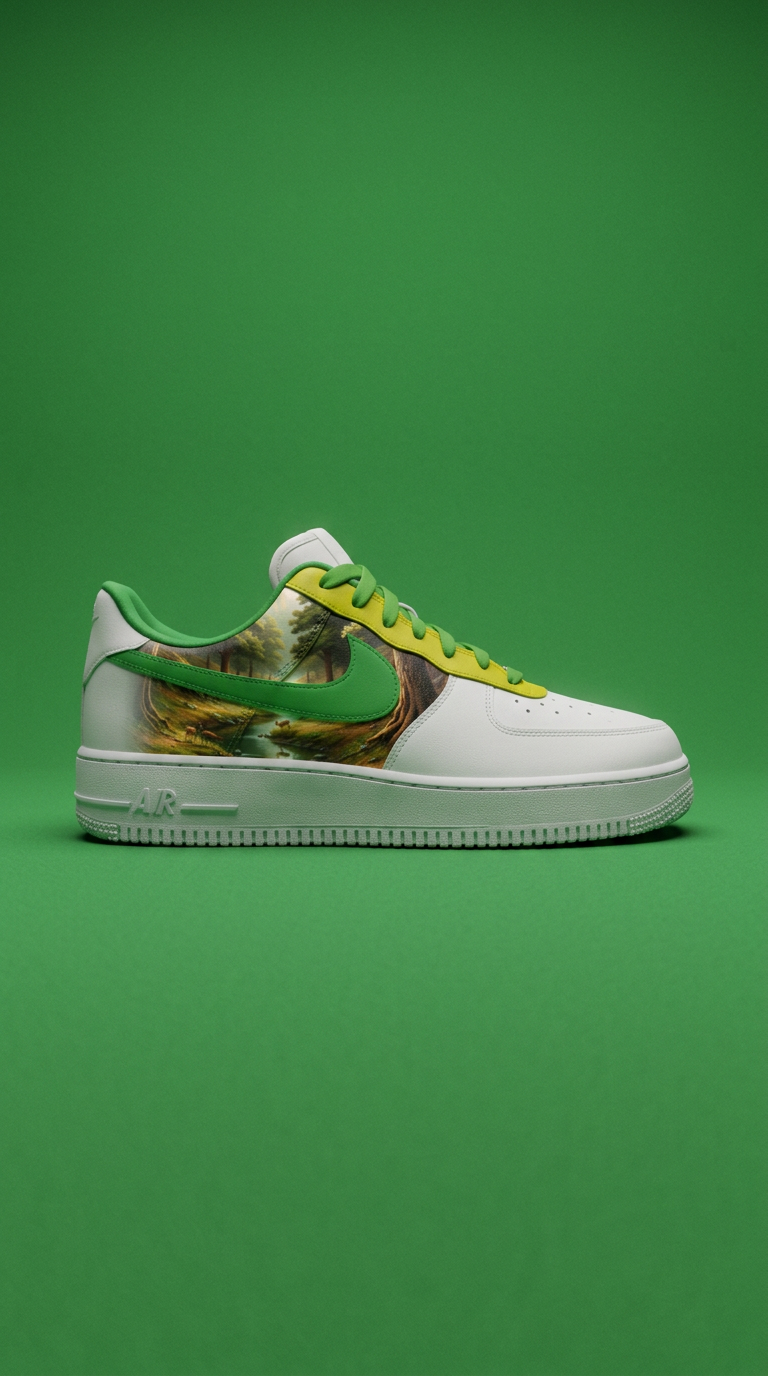 White Air Force 1 with a painted forest landscape panel, green swoosh and yellow-green laces on a green backdrop